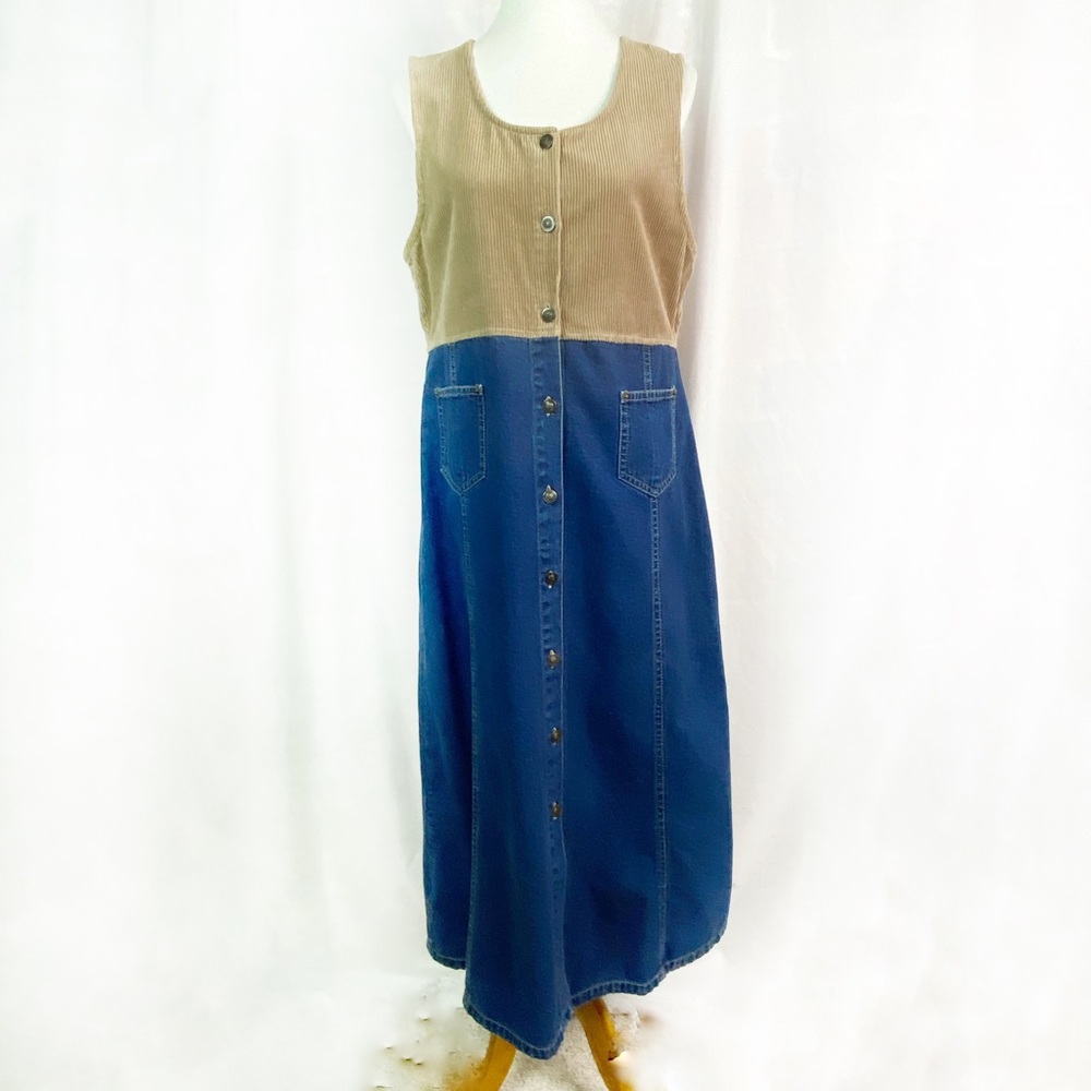 Vintage 80’s Tan Corduroy & Denim Jumper Dress Md